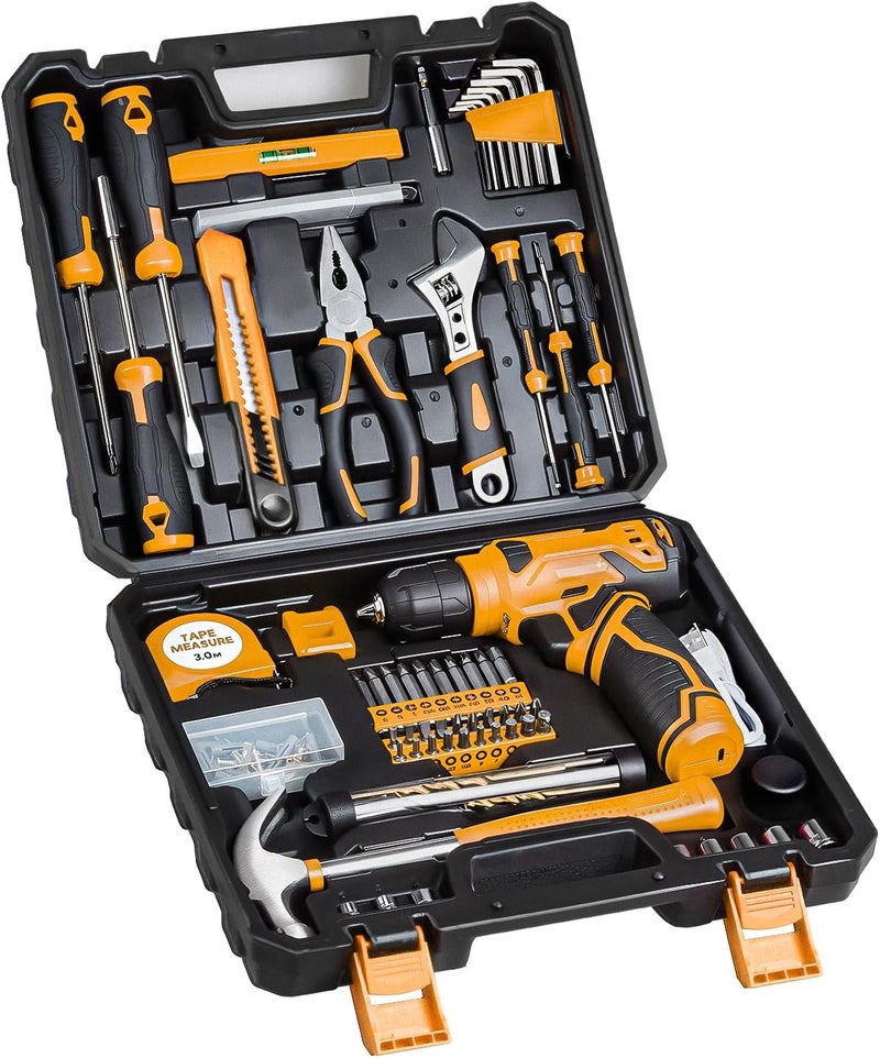 prekull Tool Set - Tool Kit with 8V Cordless Drill, 132 Piece Tool Box with Drill, Home Tool Kits for Men & Women, Hand Drill Set Perfect for Homeowner, Diyer, Handyman-Yellow - Image 1